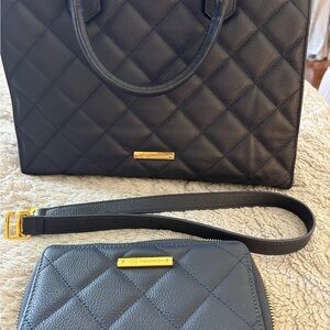 Joy Mangano Quilted Leather Tote and Wallet Set - Navy Blue
